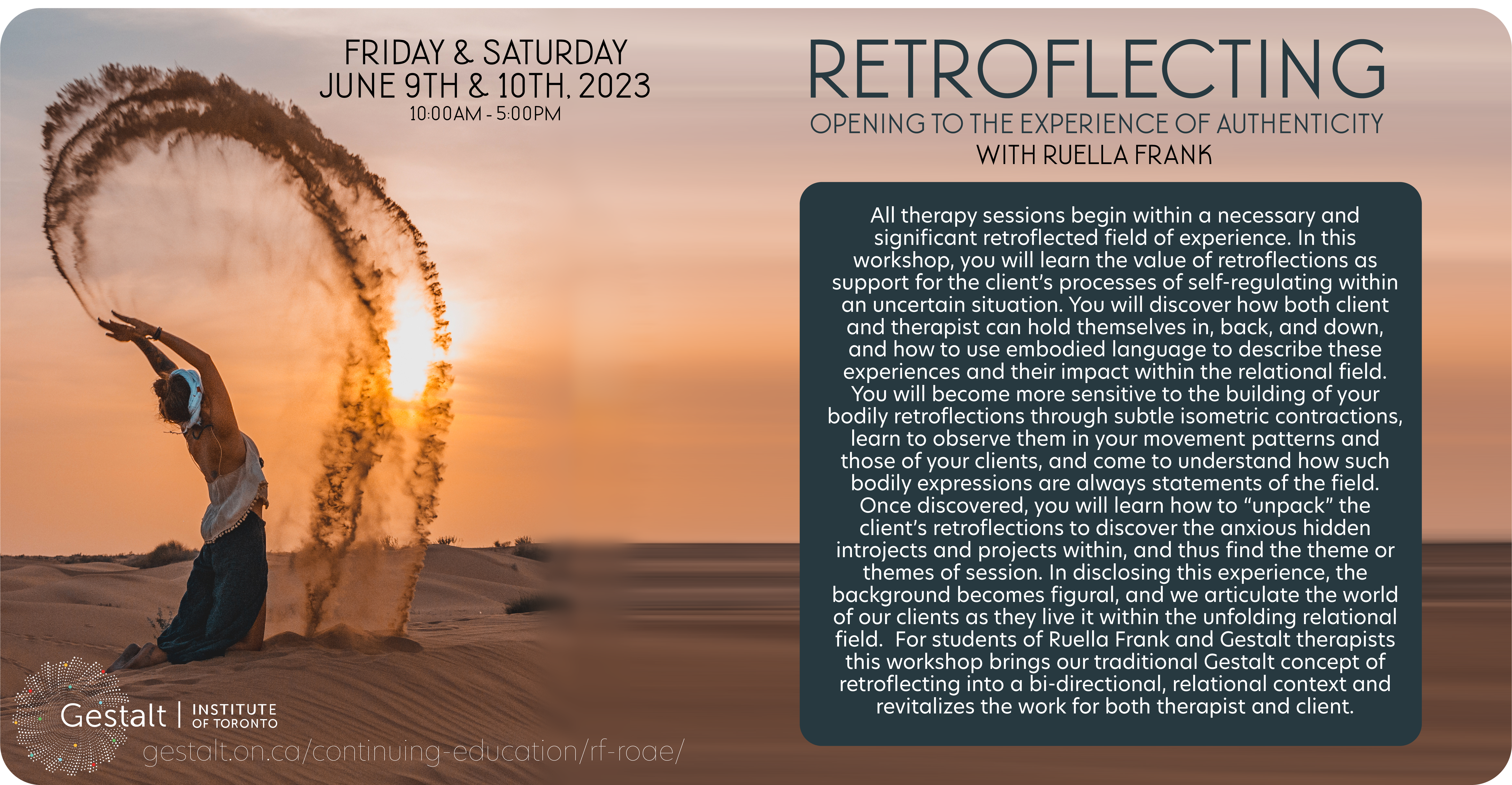 Retroflecting: Opening to the authenticity of experience - event banner showing title and photo of woman on a beach tossing up a cascade of sand